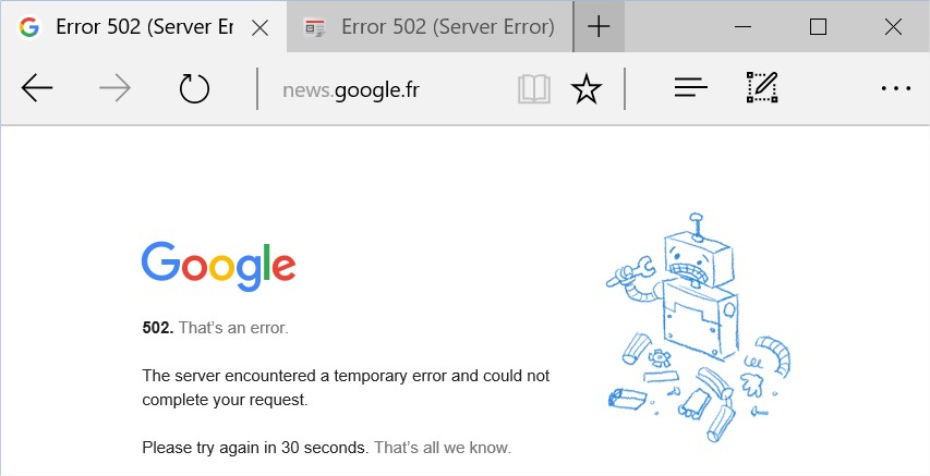Google Actualités indisponible